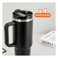 Pack4 Taza 1200ML en Color Negro con Asa Comoda y Sorbete ABS y Acero YRegalo Sticker