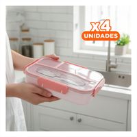 Pack4 Estuche Rectangular 4 Espacios con Tenedor 1100ml Rosado Duradero YPapel Regalo