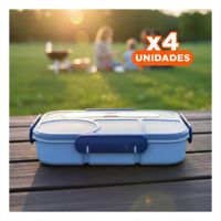 Pack4 Fiambrera Rectangular 4 Espacios con Tenedor 1100ml Azul Hermetico YRegalo Sticker