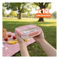 Pack12 Lonchera Rectangular 4 Espacios con Tenedor 1100ml Rosado Hermetico YPapel Regalo