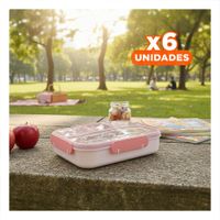 Pack6 Fiambrera Rectangular 4 Espacios con Tenedor 1100ml Rosado Moderno