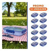 Pack12 Fiambrera Rectangular 4 Espacios con Tenedor 1100ml Azul Duradero
