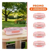 Pack4 Estuche Rectangular 4 Espacios con Tenedor 1100ml Rosado Practico