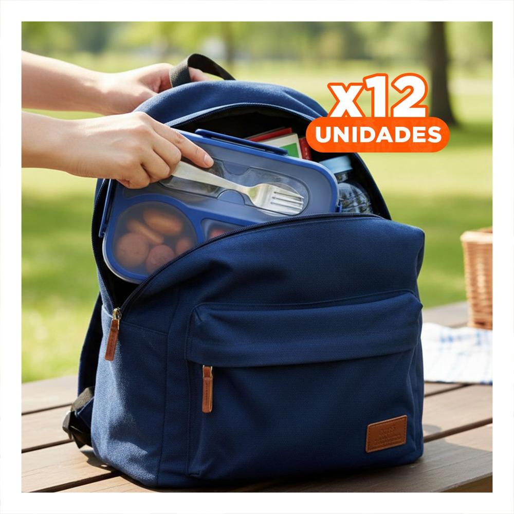 Pack12 Lonchera Rectangular 4 Espacios con Tenedor 1100ml Azul Moderno YRegalo Sticker