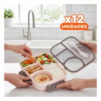 Pack12 Lonchera Rectangular 4 Espacios con Tenedor 1100ml Marron Hermetico YPapel Regalo