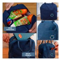 Lonchera Termica Practica con Bolsillo Exterior Etiqueta Oso Azul marino Y Ligas Regalo