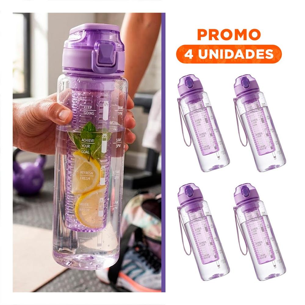 Pack4 Envase Transparente con Filtro 1000ml Lila para Llevar Agua y Jugos