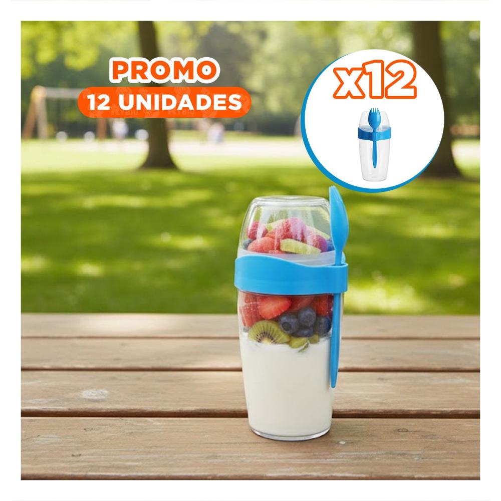 Pack12 Vaso Yogurero 2 en 1 con Cubierto Grande Azul para Transporte Diario YPapel Regalo