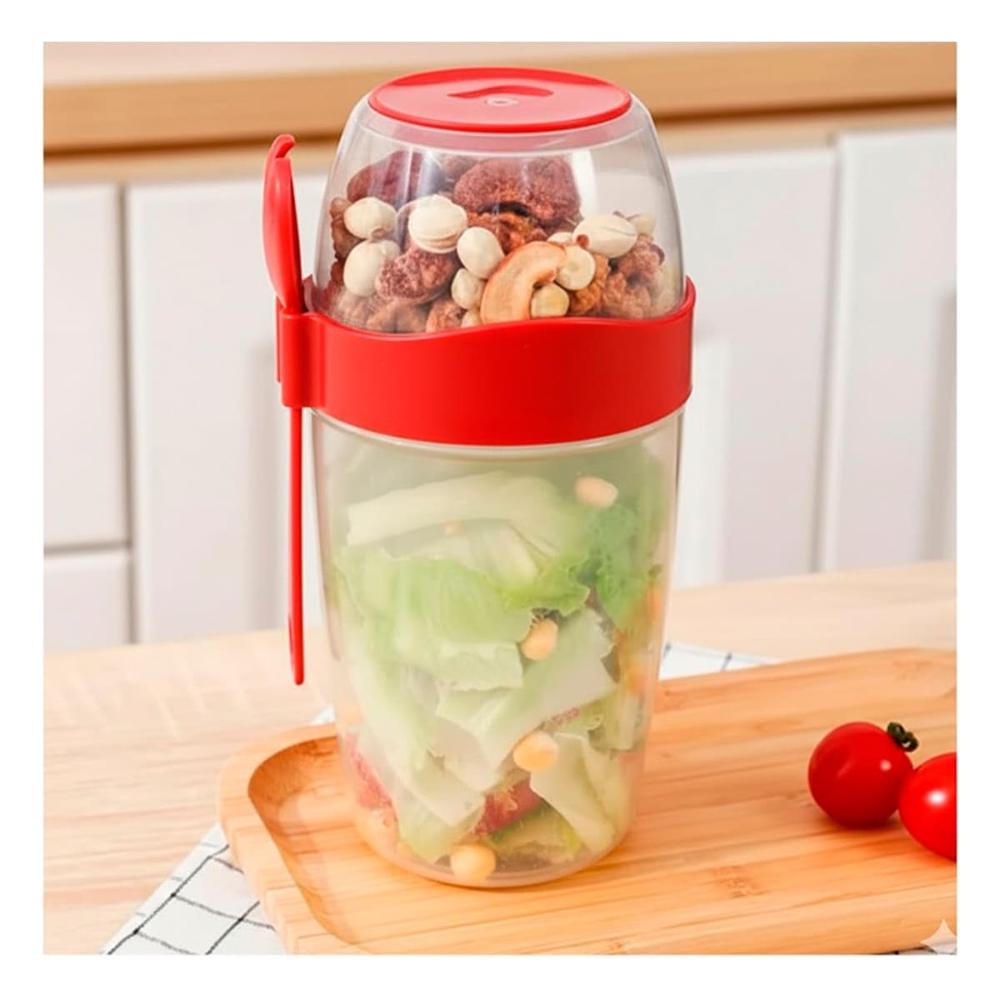 Vaso Yogurero 2 en 1 Rojo con Cubierto Practico para Llevar Snacks