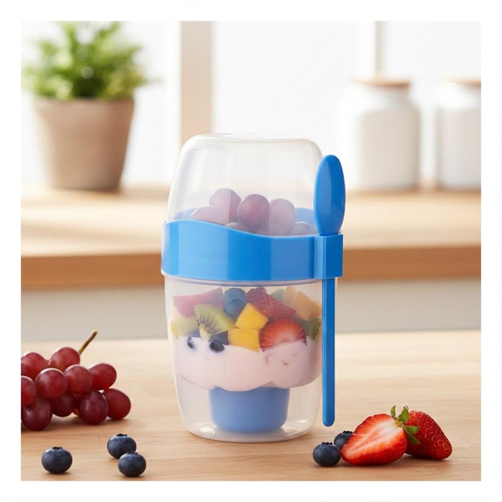 Vaso Porta Yogur 2 en 1 Azul con Cuchara Ideal para Oficina o Colegio Y notas