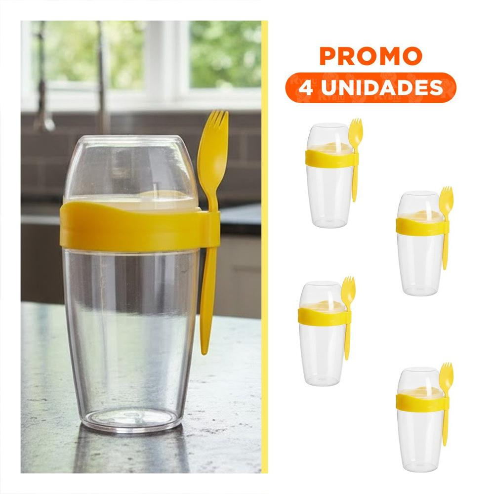 Pack4 Contenedor Yogurero Grande Amarillo 2 en 1 con Cubierto para Llevar en Mochila