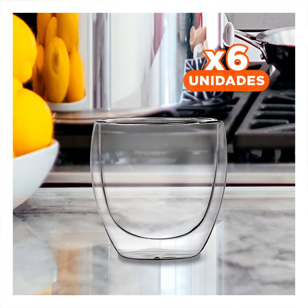 Pack6 Vaso en Borosilicato 100 ML Doble Capa Espresso Tono Transparente Y Papel Regalo