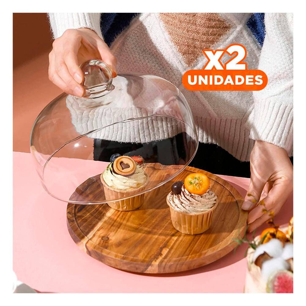 Pack2 Plato de Madera con Cupula de Vidrio 24cm Comodo para Servir Tartas YPapel Regalo