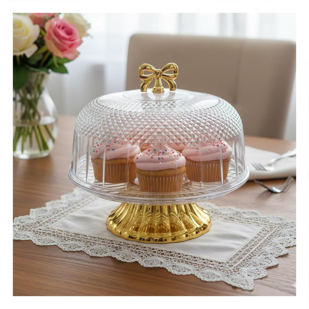 Pedestal con Cupula Transparente Lazo Dorado 30x24.5cm Uso Diario Y notas