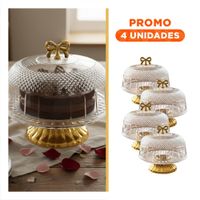 Pack4 Recipiente con Cupula y Lazo Dorado Transparente 30x24.5cm Para Mesa