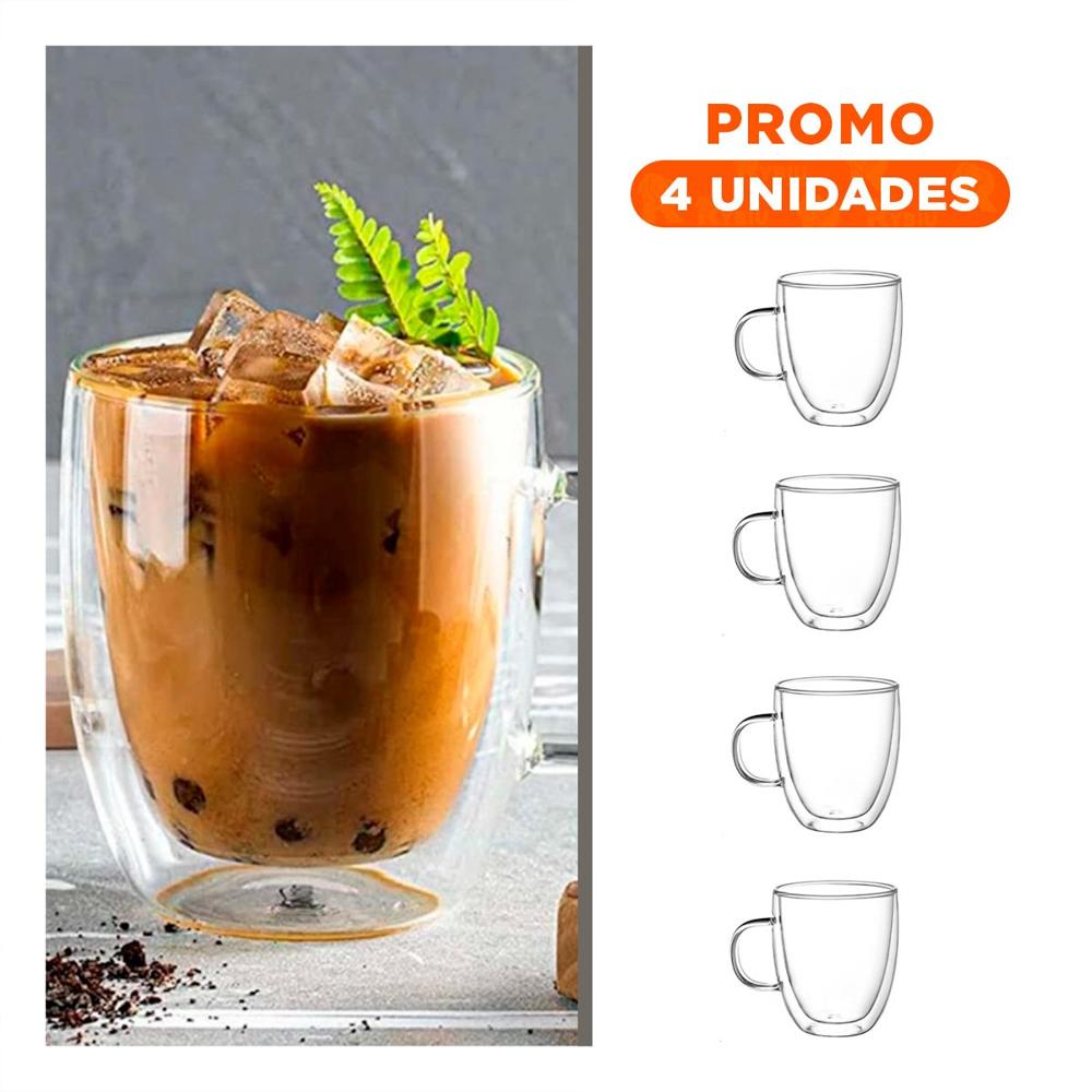 Pack4 Vaso Modelo 300 Mililitros Doble Capa de Vidrio Transparente