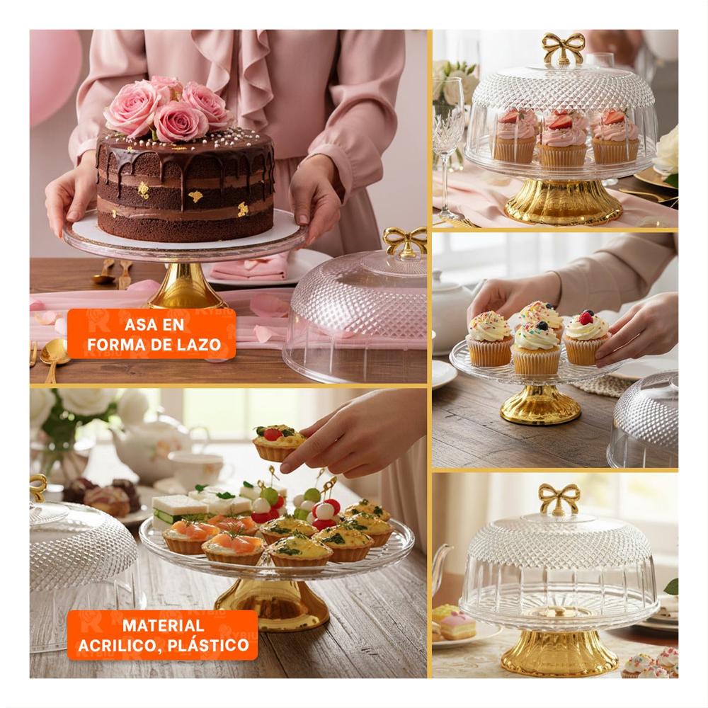 Pedestal Transparente con Cupula y Lazo Dorado 33.5x26cm Para Cocina Y Ligas Regalo