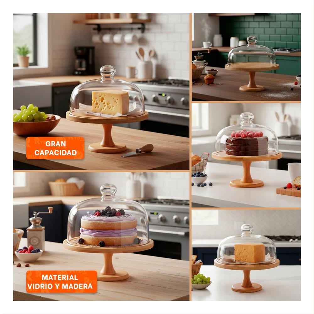 Pie Madera con Cupula de Vidrio 30cm Transparente para Centro de Mesa Hogar YLigas Regalo