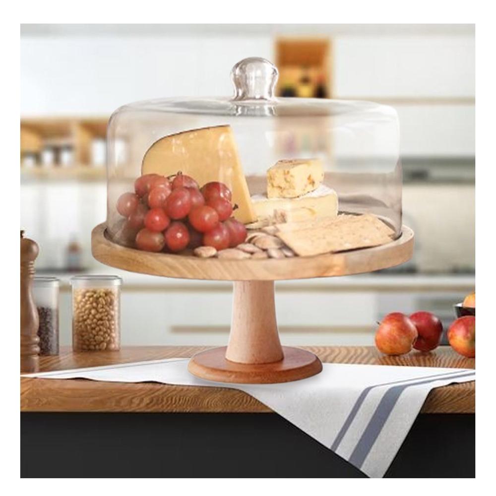 Pedestal de Madera con Cupula de Vidrio 28cm Ideal para Tartas y Pasteles YPapel Regalo