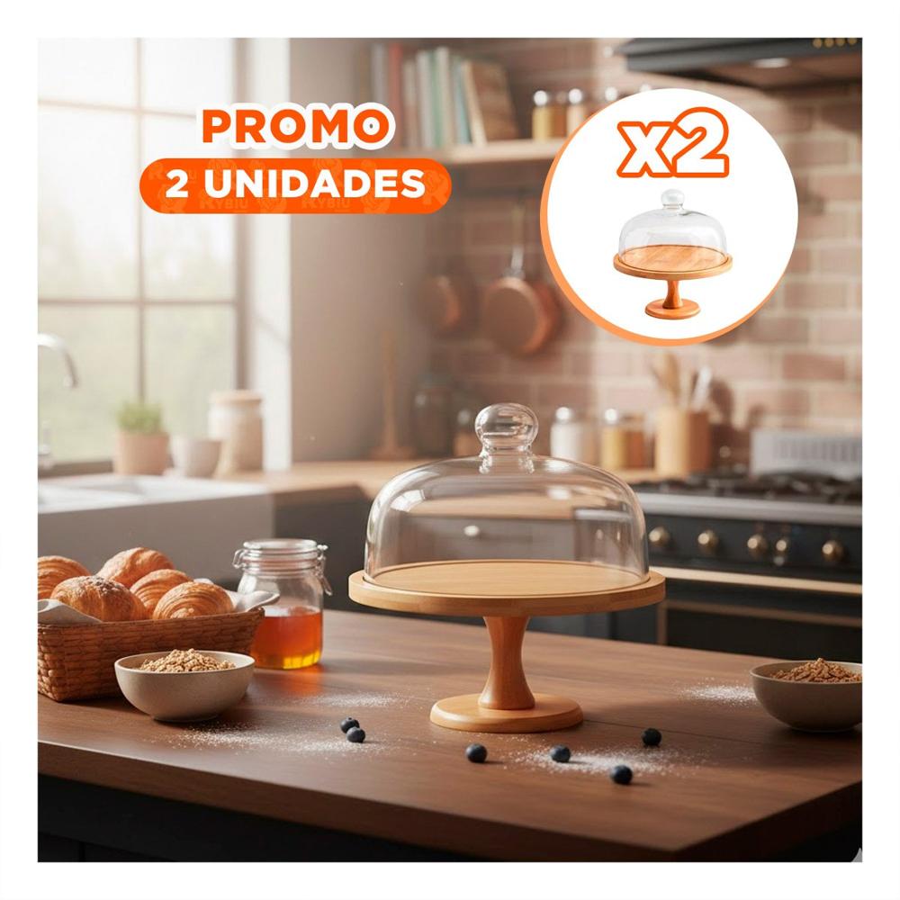 Pack2 Soporte Madera con Cupula de Vidrio 30cm Transparente para Reposteria y Hogar