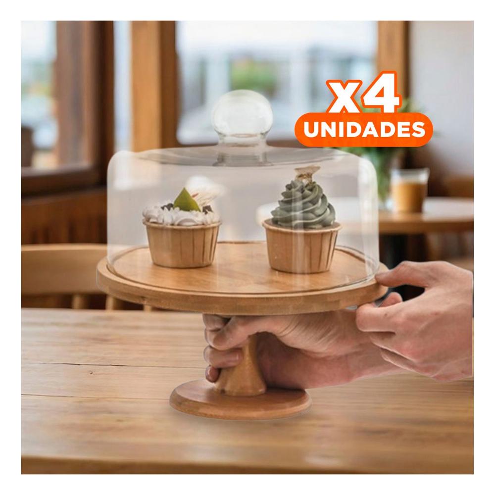 Pack4 Stand de Madera con Cupula de Vidrio 28cm Ideal para Reposteria en Casa YRegalo Sticker