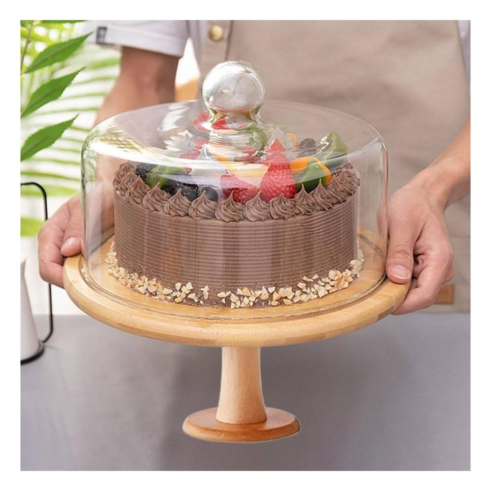 Pedestal de Madera con Cupula de Vidrio 28cm Versatil para Tortas y Postres Y notas