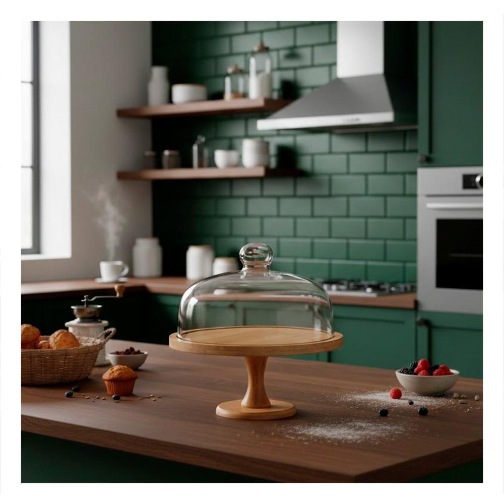 Soporte Madera con Cupula de Vidrio 30cm Transparente para decoracion Hogar