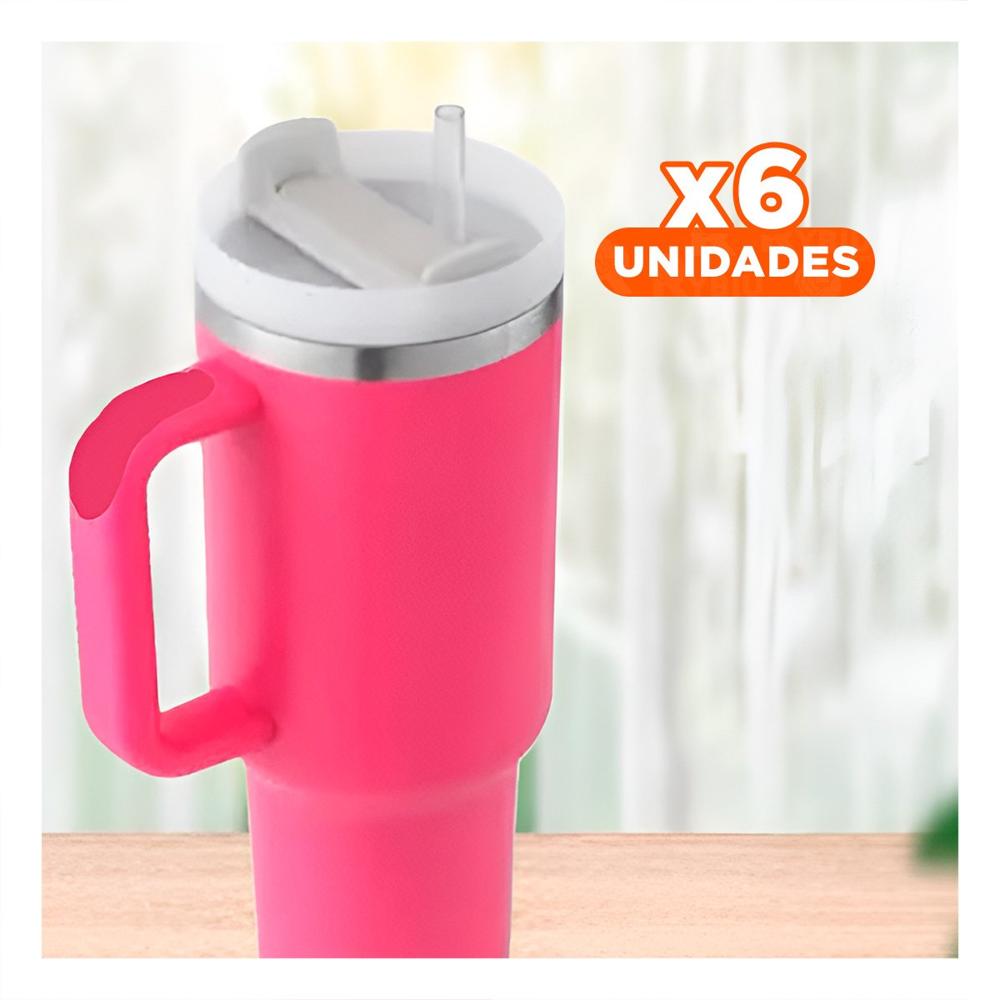 Pack6 Taza en Color Fucsia con Asa y Sorbete 1200ML en Material ABS y Acero