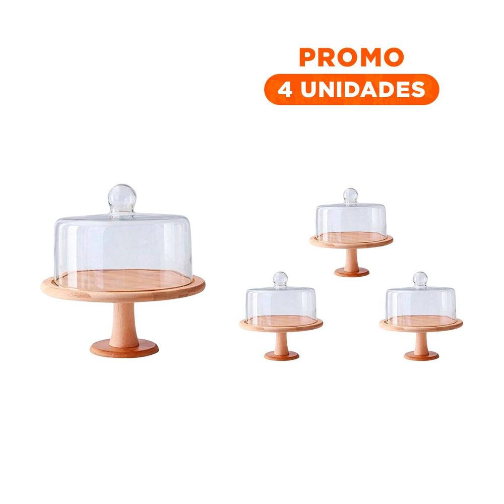Pack4 Plato de Madera con Cupula de Vidrio 28cm Versatil para Dulces y Tortas