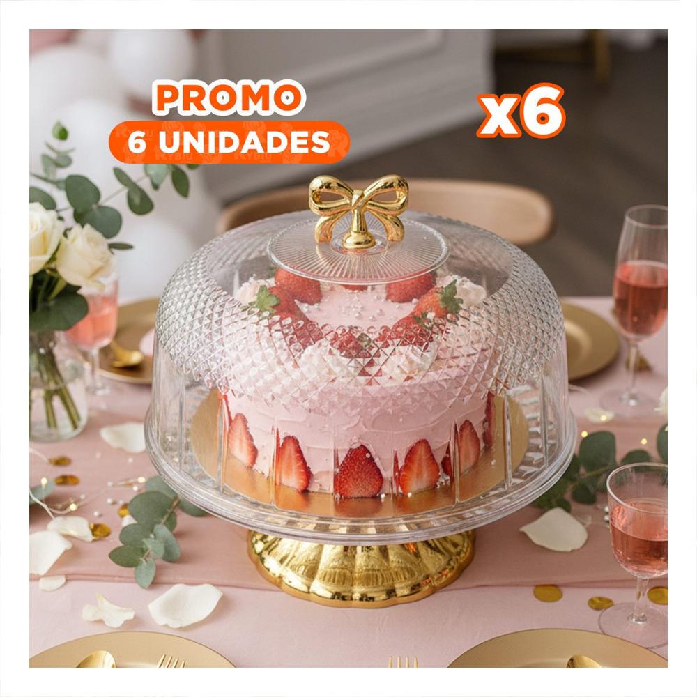 Pack6 Contenedor Transparente con Cupula y Lazo Dorado 33.5x26cm Para Cocina