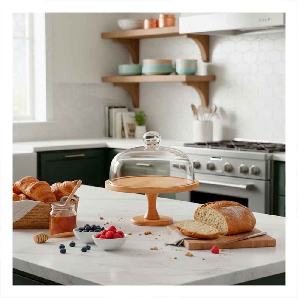Pedestal de Madera con Cupula de Vidrio 30cm Transparente para Presentacion Postres Y notas