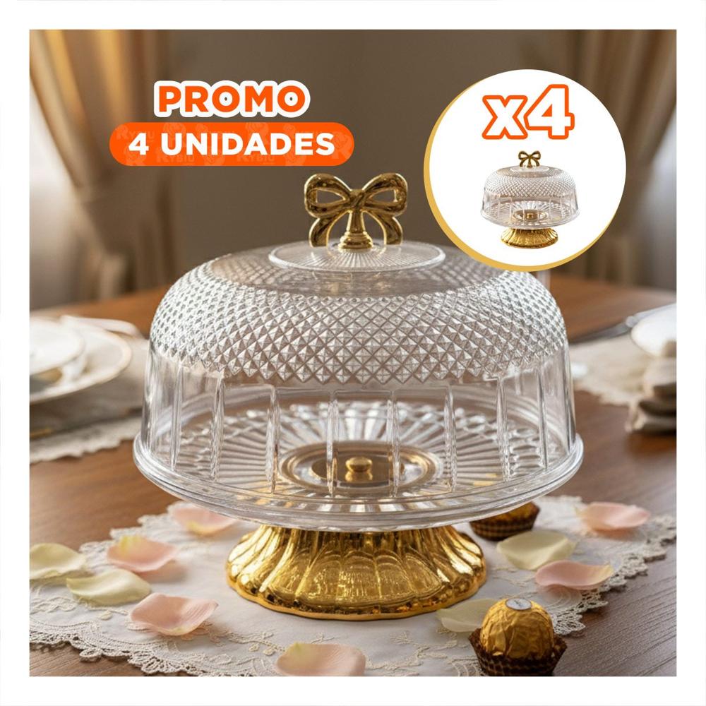 Pack4 Recipiente con Cupula Lazo Dorado Transparente 33.5x26cm Uso Diario Y Regalo Sticker
