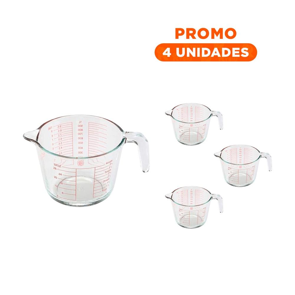 Pack4 Medidor de Vidrio 1L Versatil para Cocina y Preparacion de Liquidos