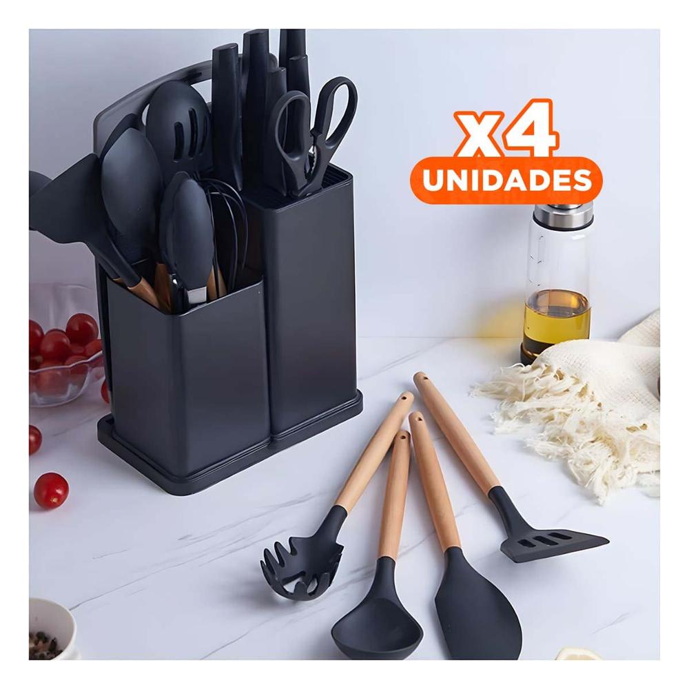 Pack4 Utensilios 18 Piezas en Negro Adaptados a Cocina Profesional Inoxidable YPapel Regalo