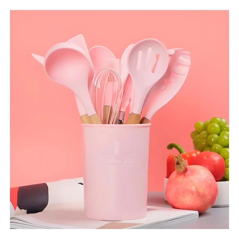 Cucharones de Silicona de Color Rosado Set de 11 con Posa Cucharon Resistente