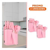 Pack2 Utensilios Cocina Integral 18 Piezas en Acero Inoxidable Acabado Rosado YRegalo Sticker