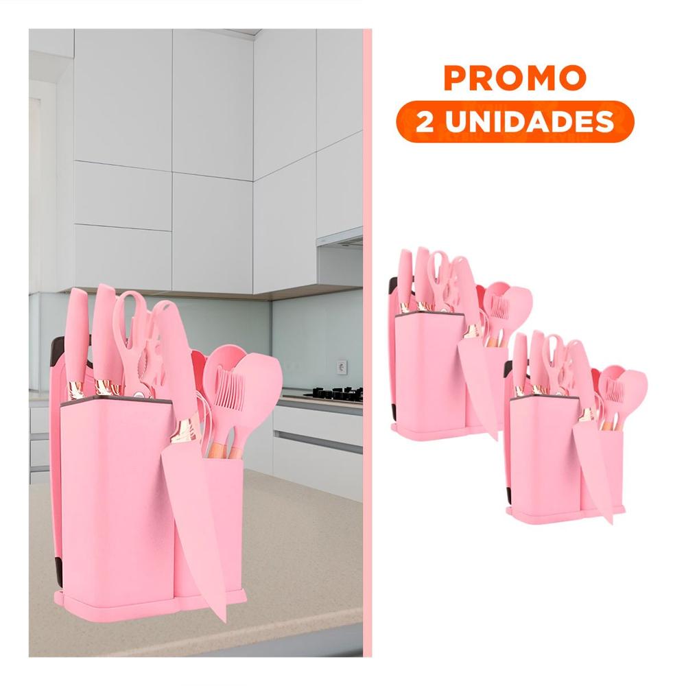 Pack2 Utensilios Cocina Integral 18 Piezas en Acero Inoxidable Acabado Rosado YRegalo Sticker