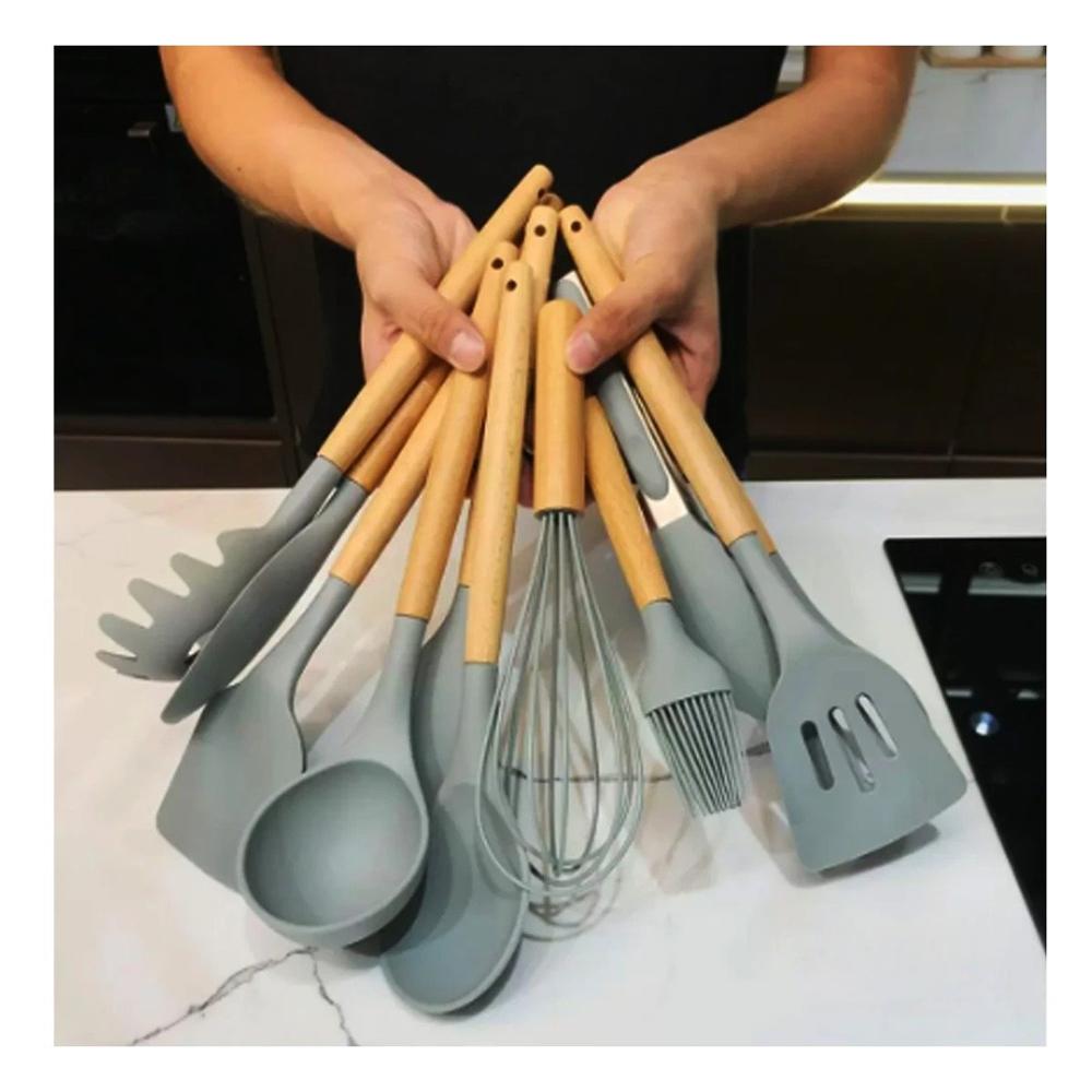 Set 12 Piezas de Utensilios en Silicona Color Gris para Cocina Moderna y Funcional