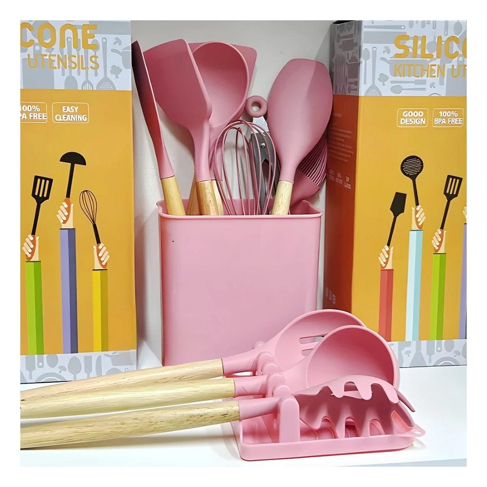 Cucharones de Color Rosado de Silicona Set de 11 con Base Posa Cucharon YPapel Regalo