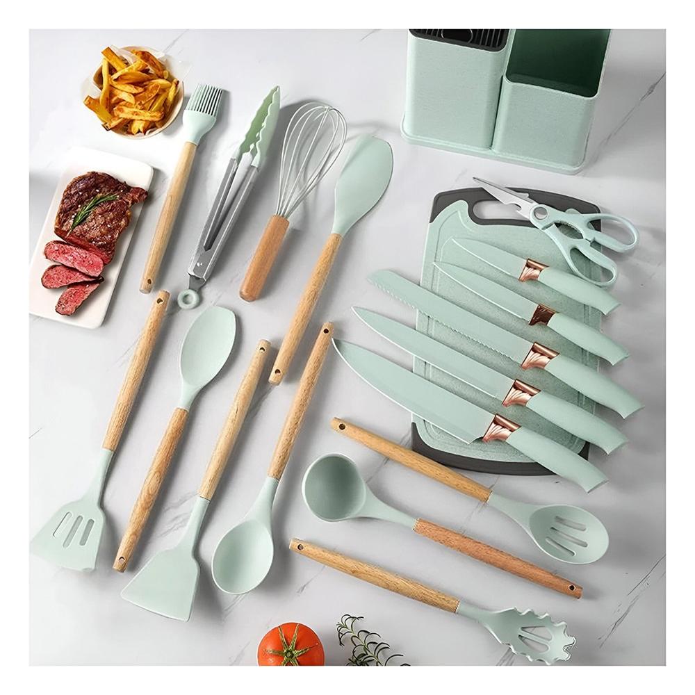 Set Cocina Profesional en Verde con 18 Piezas de Acero Inoxidable y Tabla
