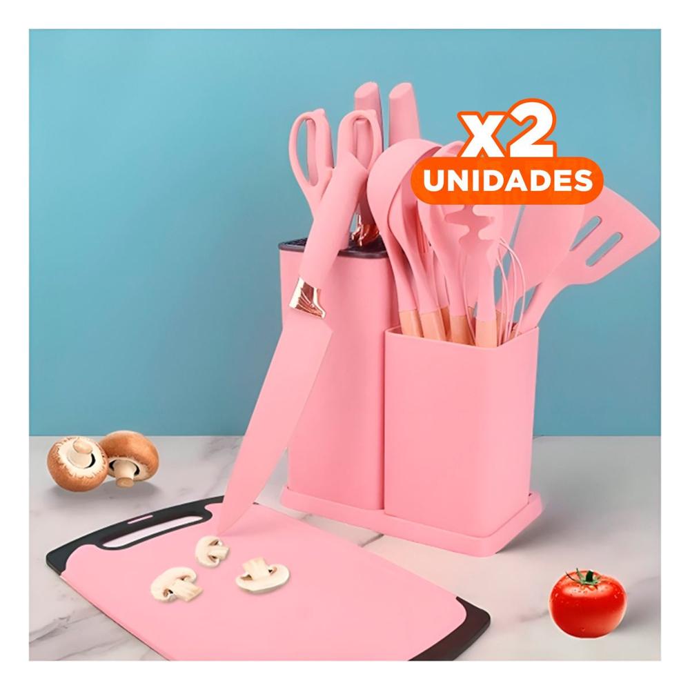 Pack2 Utensilios 18 Piezas Rosado para Cocina con Tabla Inoxidable YPapel Regalo