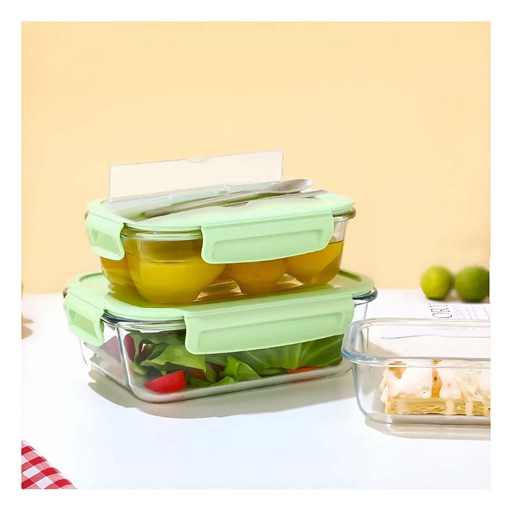 Taper de Vidrio con Cubiertos y Tapa Verde para Llevar Almuerzo Seguro