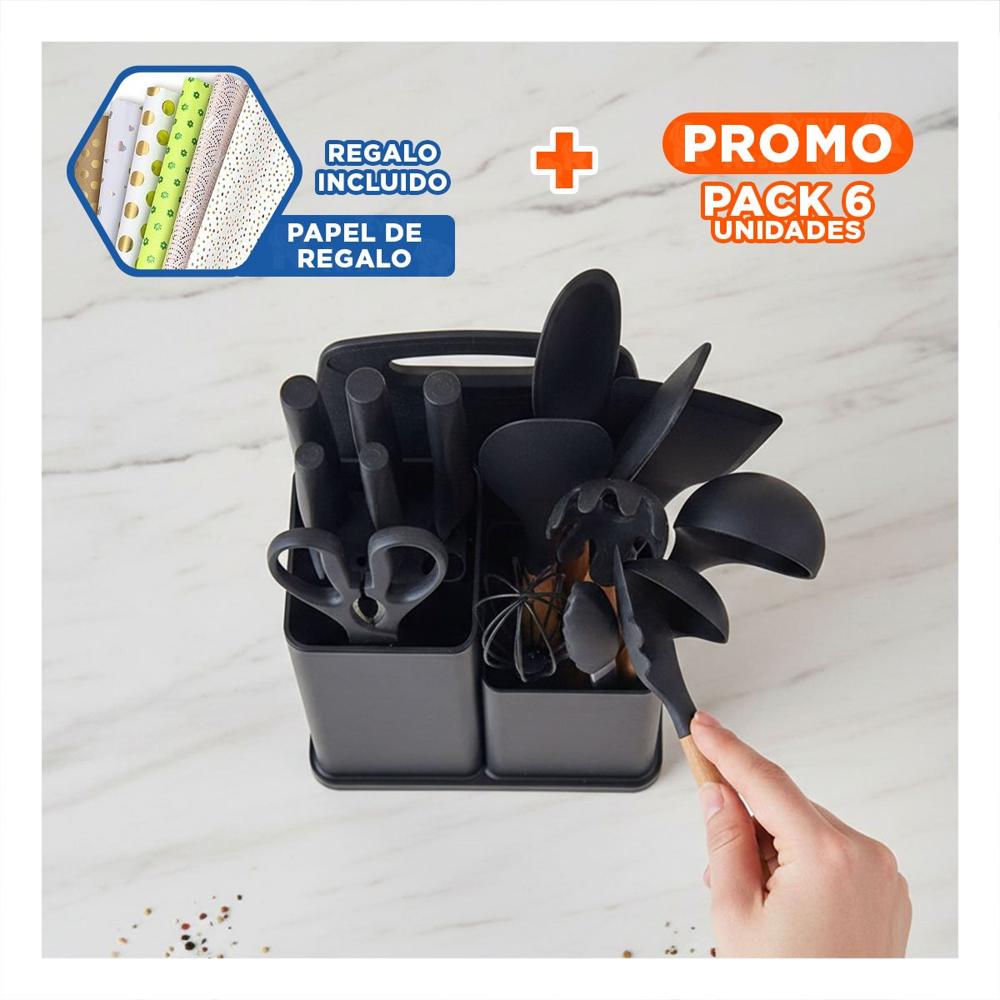 Pack6 Equipo Cocina Profesional con Tabla 18 Piezas Negro Inoxidable YRegalo Sticker