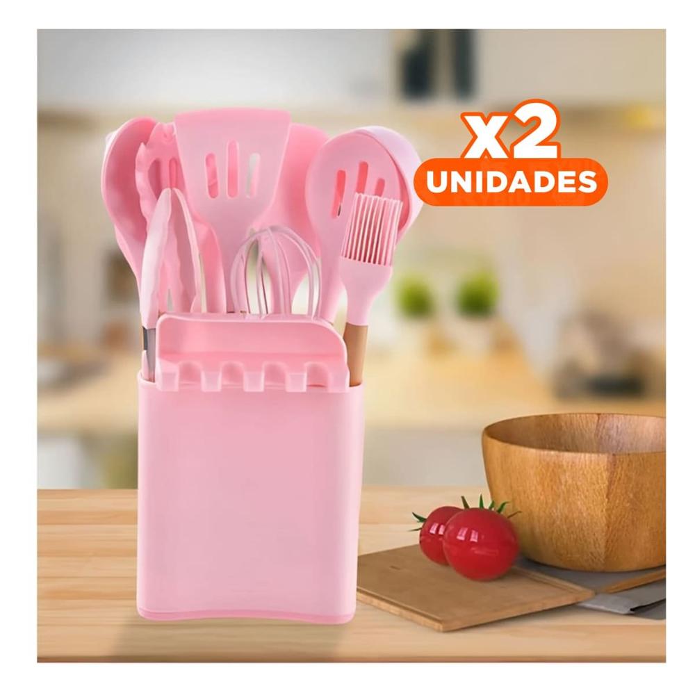 Pack2 Juego Moderno de Color Rosado 11 Cucharones de Silicona con Base