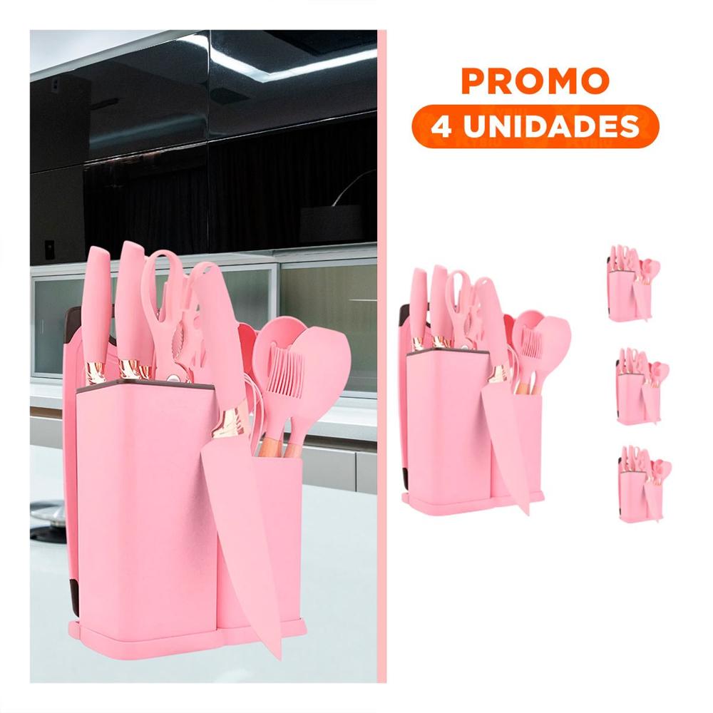 Pack4 Utensilios Rosado Cocina Profesional Fabricados en Acero Inoxidable