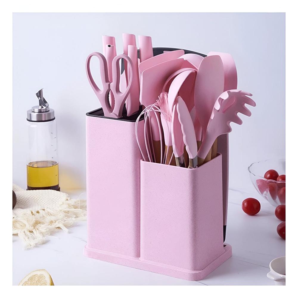Set Cocina Profesional en Rosado con 18 Piezas de Acero Inoxidable y Tabla