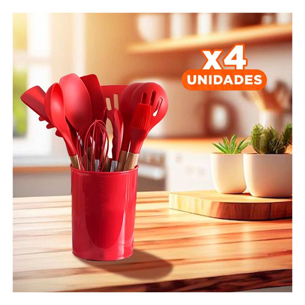Pack4 Conjunto Profesional 12 Piezas Color Rojo en Silicona para Cocina Familiar YPapel Regalo
