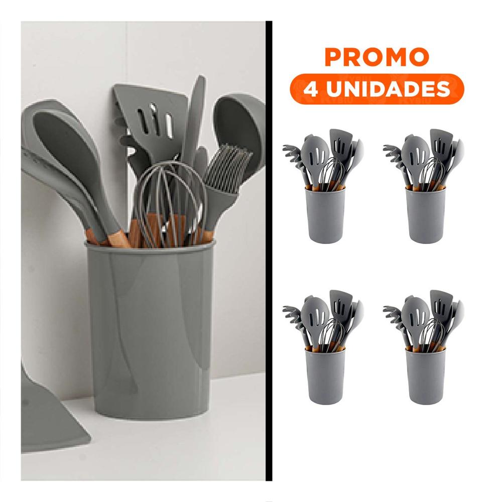 Pack4 Conjunto Integral Color Gris en Silicona con 12 Piezas para Preparacion