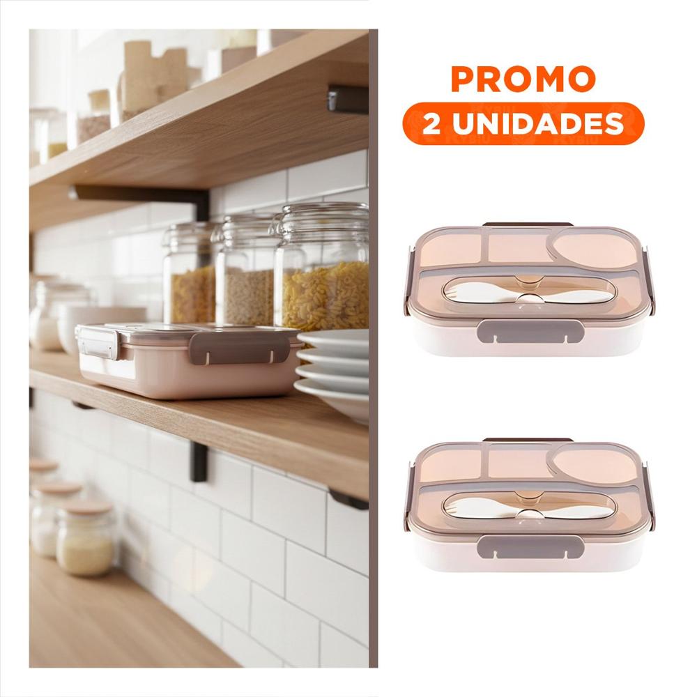 Pack2 Estuche Rectangular 4 Espacios con Tenedor 1100ml Marron Resistente YRegalo Sticker