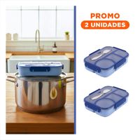 Pack2 Estuche Rectangular 4 Espacios con Tenedor 1100ml Azul Resistente YRegalo Sticker